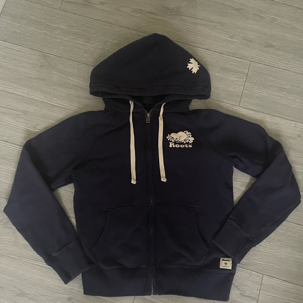 Roots Navy Hoodie with Cream Tag
